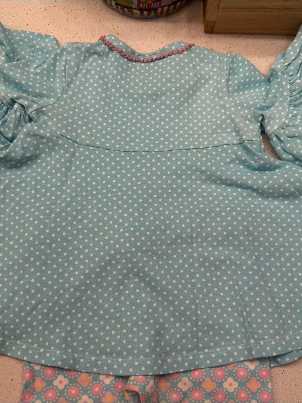 Bonnie Baby Aqua Polka Dot Top with Pink Trim Scallop Neck